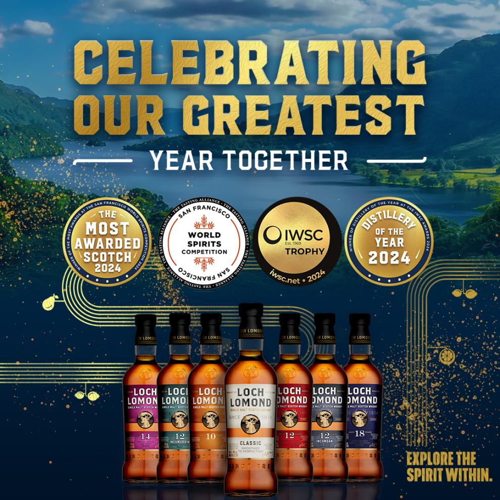 Loch Lomond Distillery, la Mejor productora escocesa de whisky Imagen cartel con medallas ganadoras 2024 de Loch Lomond Whisies