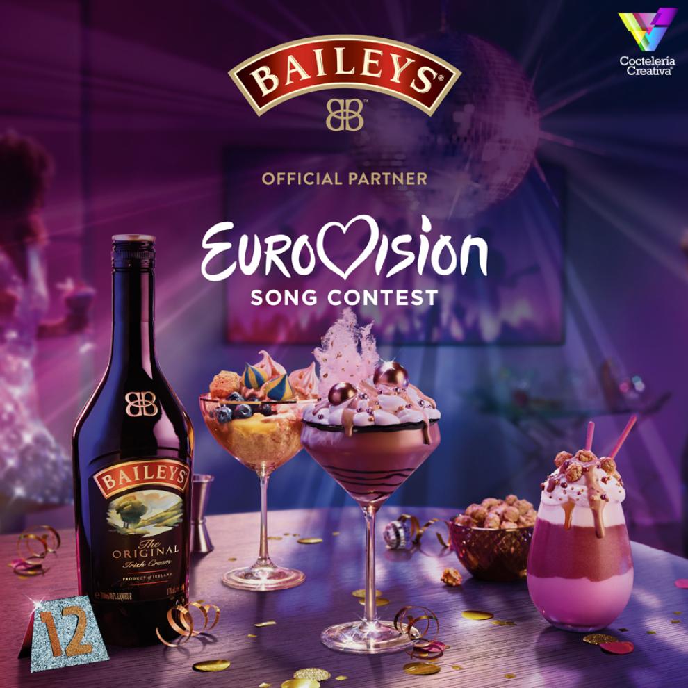 Baileys se una al festival de Eurovisión para celebrar la música y la diversidad imagen botella de Baileys y postres con cartel de Eurovisión
