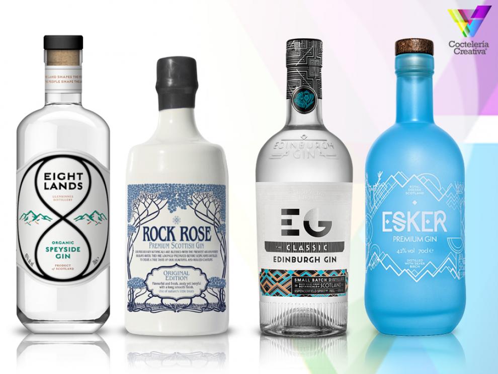 Ginebras de Escocia: Eight Lands Gin, Rock Rose Gin, Edinburgh Gin y Esker Gin imagen botellaas ginebras de Escocia